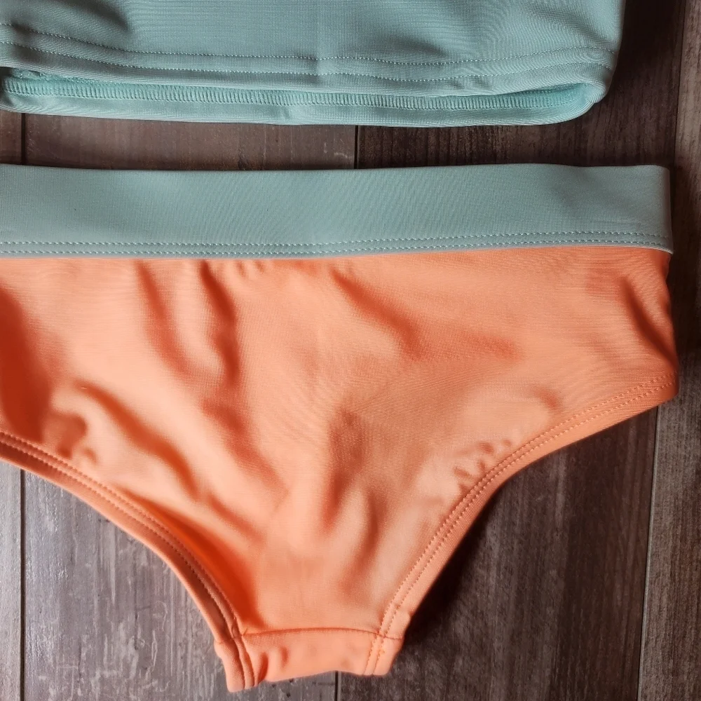 NEW Justice Girls 2pc Rash Guard Kids Swim Set w/ Hipster Bottom Size 5/6 Coral